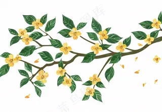 金秋桂花黄花树枝卡通插画免抠