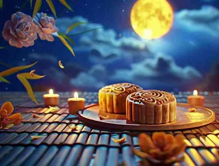 夜色下的中国传统月饼圆圆的中秋月亮中国传统节日糕点摄影图