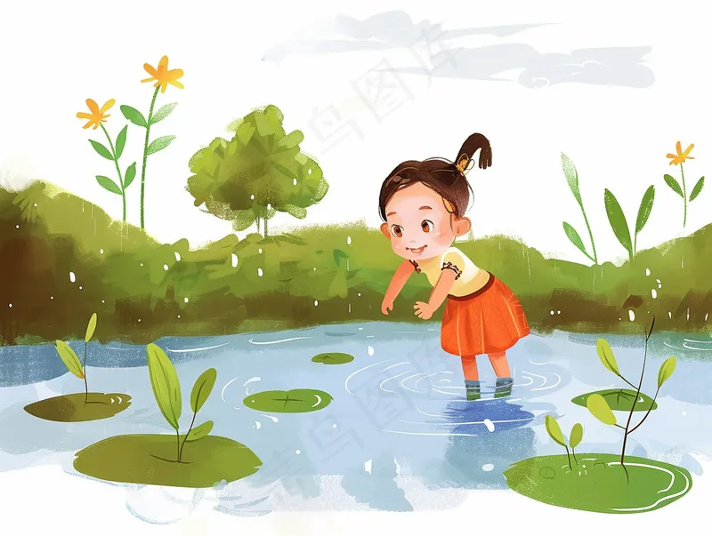 小水池玩水的小女孩卡通插画背景(3696x2784)