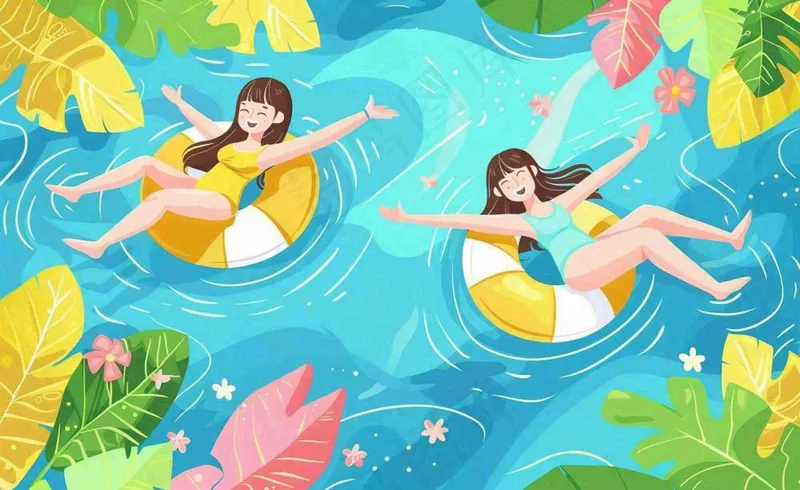 夏天游泳泳池人物游泳女孩蓝色背景泳圈夏日运动立夏大暑小暑夏至卡通插画背景(1408x864)