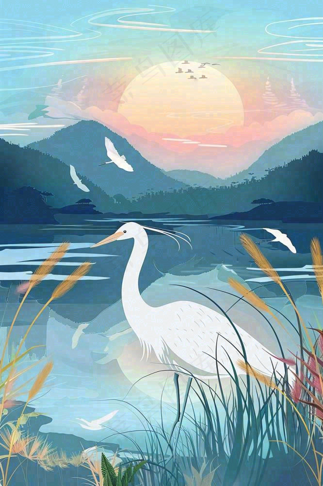 秋日芦苇荡的白鹭湖泊山水日落白露寒露插画背景(896x1344)