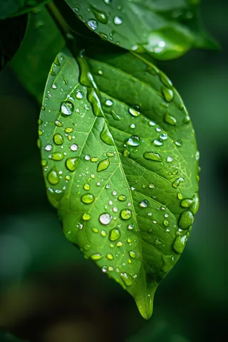 雨天绿叶上的水滴摄影图