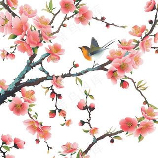 春天桃花树枝小鸟插画免抠