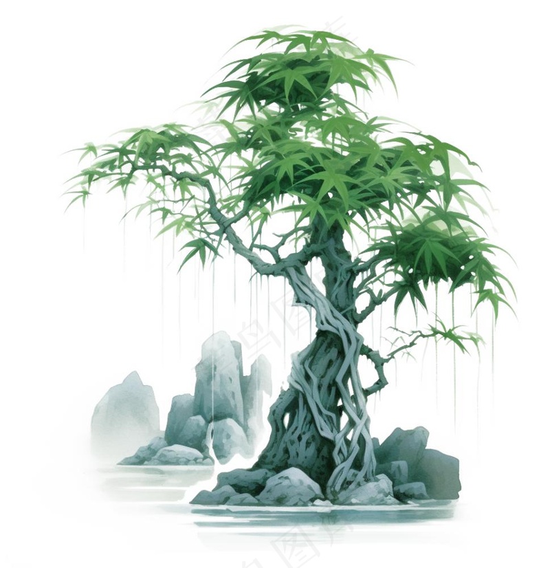 水墨松树枫树山石植物手绘中国风古风国画水彩插画免抠(1024x1056)