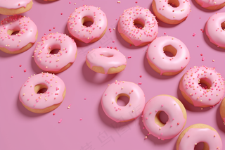 粉色甜甜圈粉色梦幻背景下午茶美食甜点摄影图