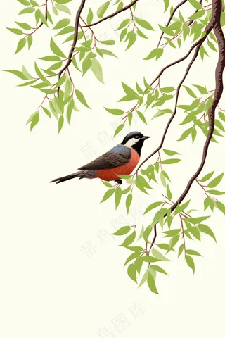 国风树枝上的小鸟静雅插画背景