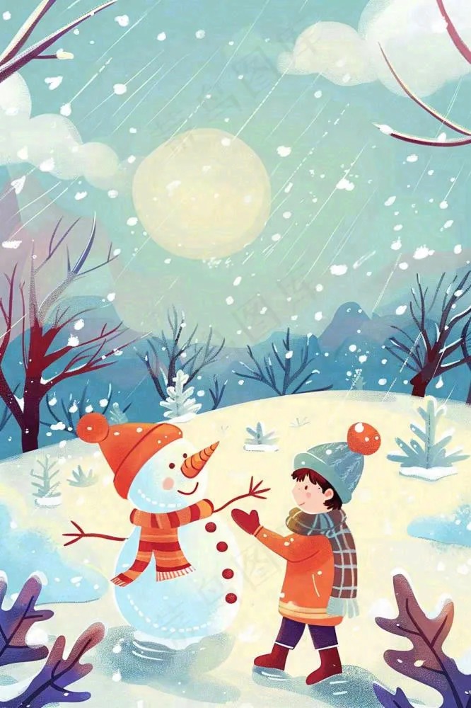 冬天大雪纷飞堆雪人寒冷立冬小雪冬至卡通插画背景(896x1344)