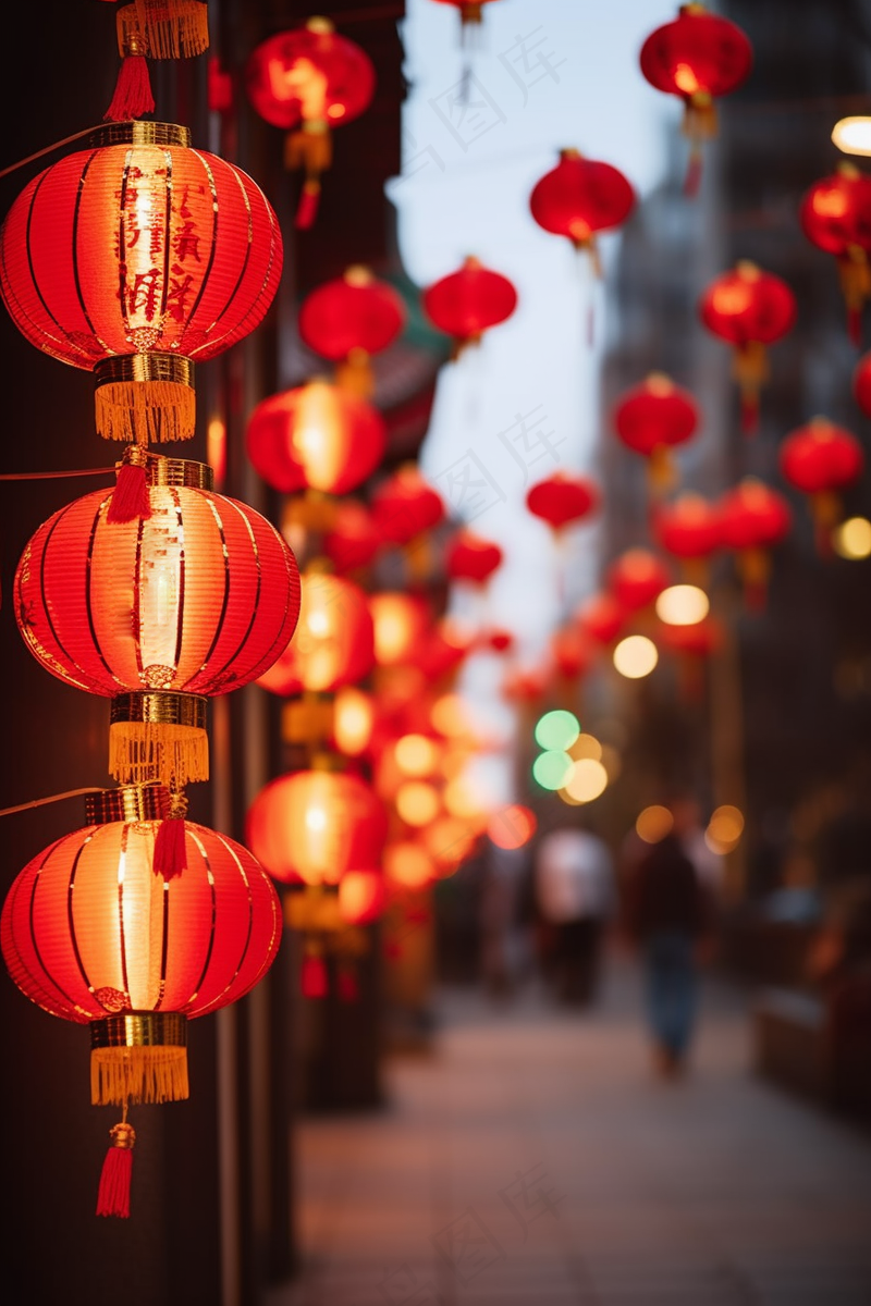 新年街道挂满红灯笼喜庆装饰摄影图(2688x4032)