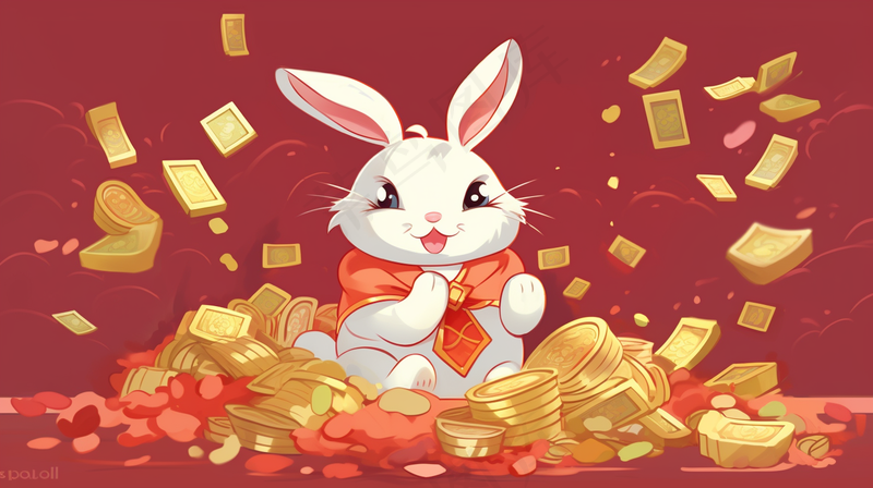 新春金币金子堆里的白兔生肖卡通插画背景(4368x2448)