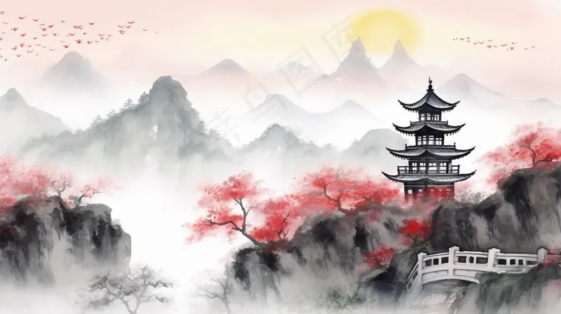 国风山水画河流花草国画水墨画素材背景(4368x2448)