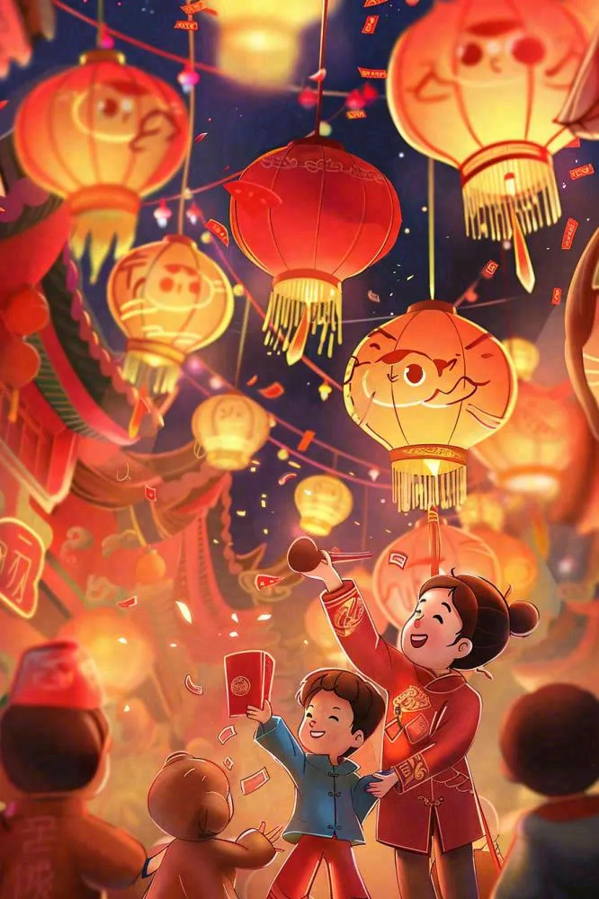 新年热闹的街道张灯结彩红色喜庆背景(896x1344)