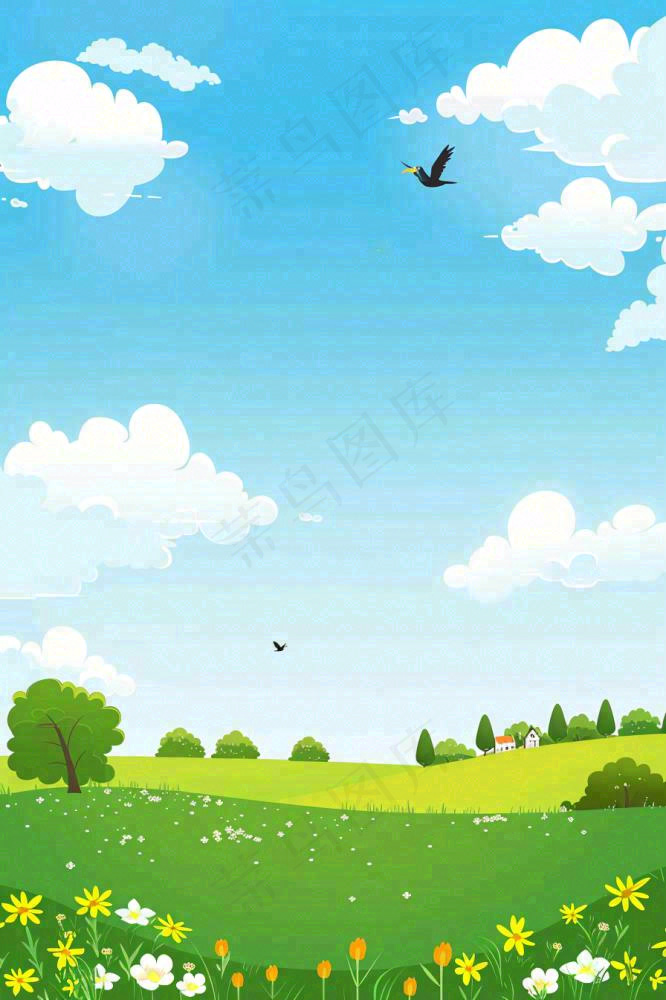 春天绿草地蓝天白云立春春分惊蛰小满卡通插画背景(896x1344)