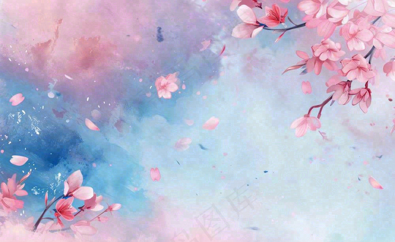 春季出游浪漫水彩樱花蓝粉色樱花林立春春分插画背景