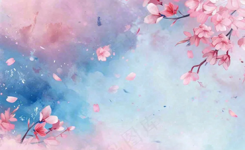 春季出游浪漫水彩樱花蓝粉色樱花林立春春分插画背景(1408x864)
