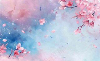 春季出游浪漫水彩樱花蓝粉色樱花林立春春分插画背景