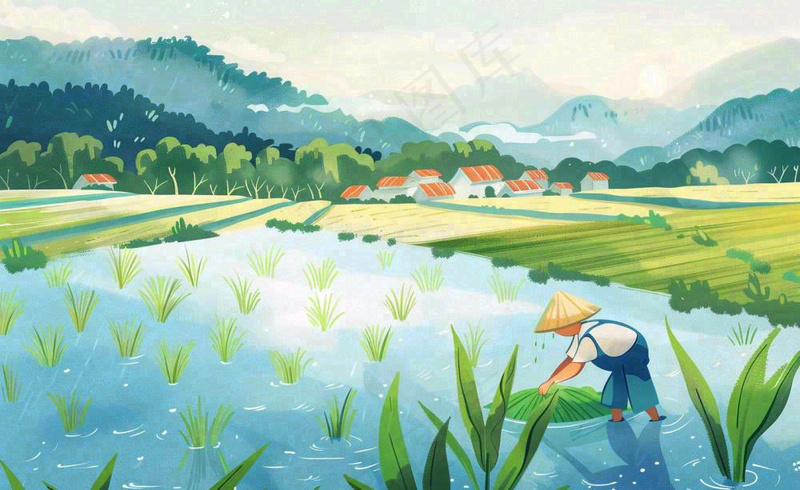 水彩手绘谷雨农夫插秧小满芒种蓝色清新背景插画