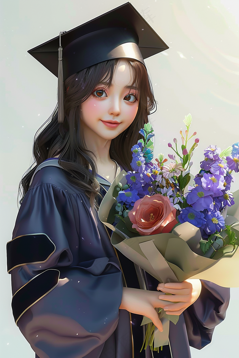 毕业季学士服花束毕业啦3d插画人物建模(2688x4032)