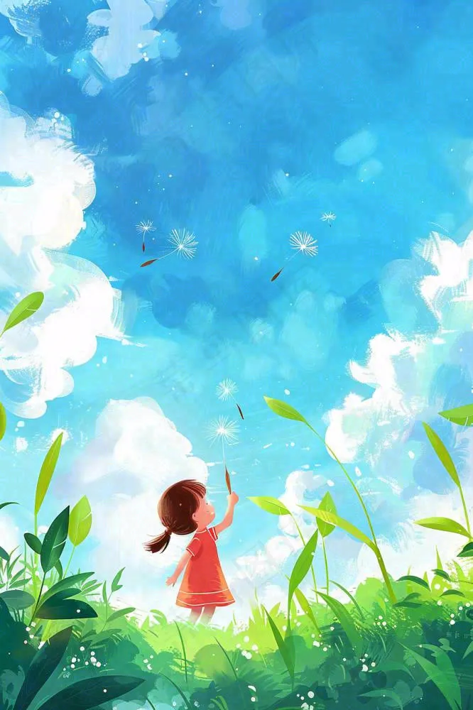 春天蒲公英绿草地蓝天白云红裙子女孩小清新唯美立春春分惊蛰立夏卡通插画背景(896x1344)
