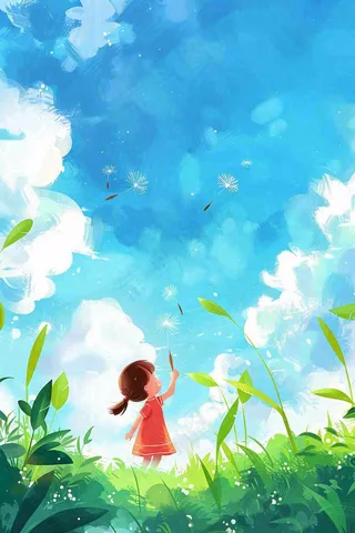 春天蒲公英绿草地蓝天白云红裙子女孩小清新唯美立春春分惊蛰立夏卡通插画背景