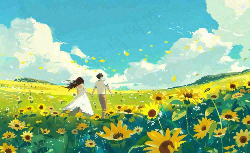向日葵花海里的情侣恋人浪漫蓝天白云立夏夏至情人卡通插画背景(1408x864)