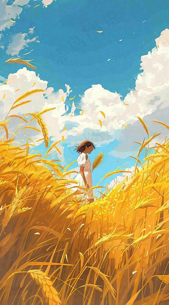 秋天金色麦田女孩蓝天秋收立秋秋分处暑芒种插画背景(816x1472)