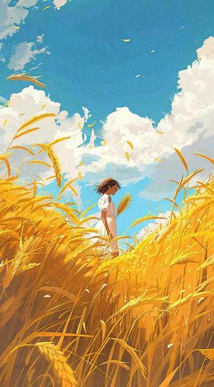 秋天金色麦田女孩蓝天秋收立秋秋分处暑芒种插画背景