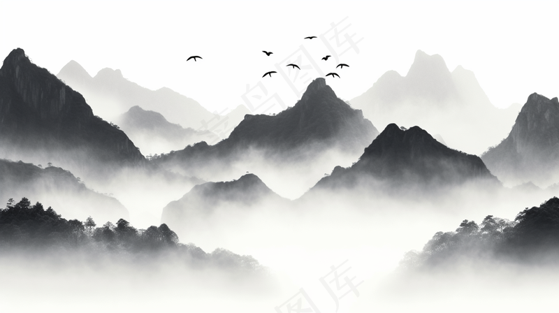 水墨山水画绵绵群山一帆孤影北雁南飞素材背景(4368x2448)
