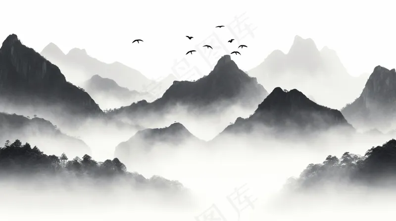水墨山水画绵绵群山一帆孤影北雁南飞素材背景(4368x2448)