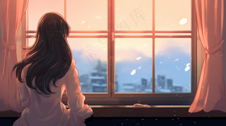 冬天窗边看雪的少女漫画插画背景