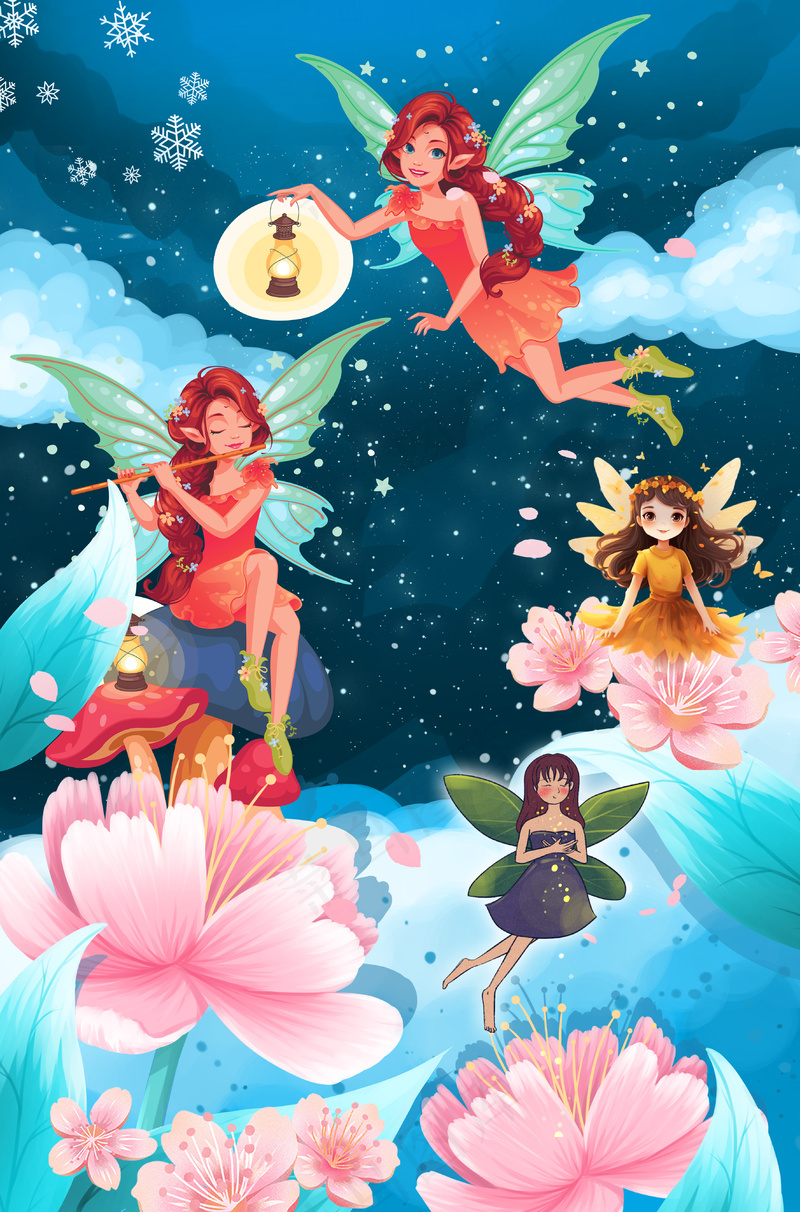 粉色花海精灵飞舞星空背景图psd模版下载
