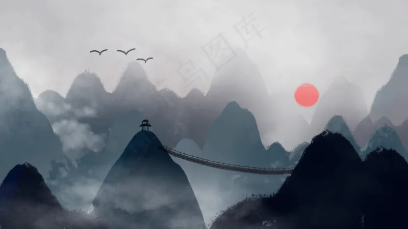 中国风山水彩色国画插画装饰画素材17psd模版下载