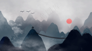 中国风山水彩色国画插画装饰画素材17