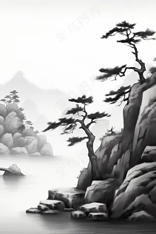 国风山水画河流花草国画水墨画素材背景