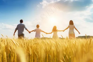 秋季麦田里手牵手往前走的一家人丰收成熟麦穗摄影图