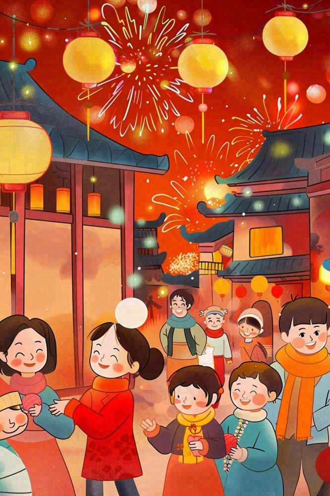 新年除夕热闹的街区烟花庆祝人物插画背景