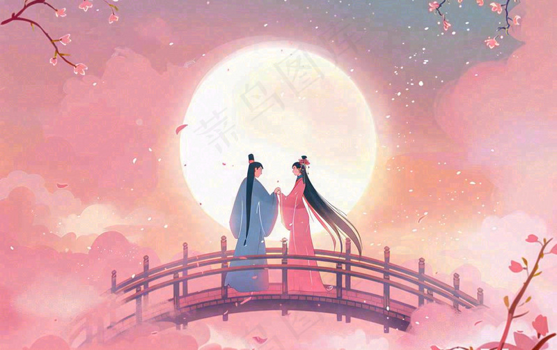 七夕牛郎织女鹊桥相会情侣恋人粉色浪漫梦幻唯美情人节插画背景(1376x864)