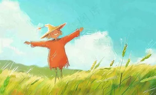 秋天插画唯美清新黄色手绘立秋秋天丰收稻田稻草人风景芒种秋分插画背景