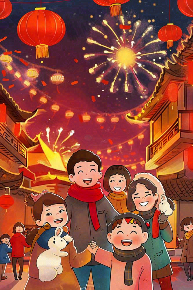 新年除夕热闹的街区烟花庆祝人物插画背景(896x1344)