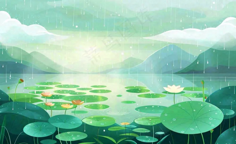 夏日荷花盛开暴雨天气山水花处暑小暑卡通插画背景(1408x864)