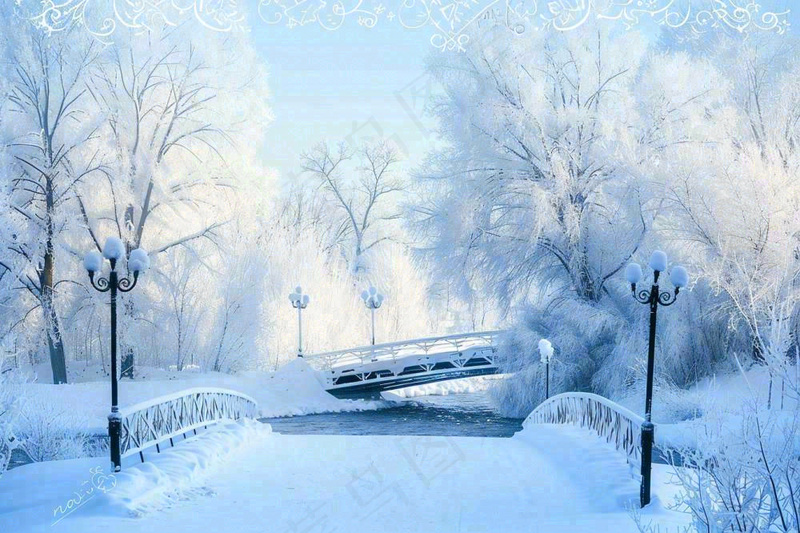 冬天白雪皑皑雪景河流街道路灯桥小雪大雪冬至雪花背景