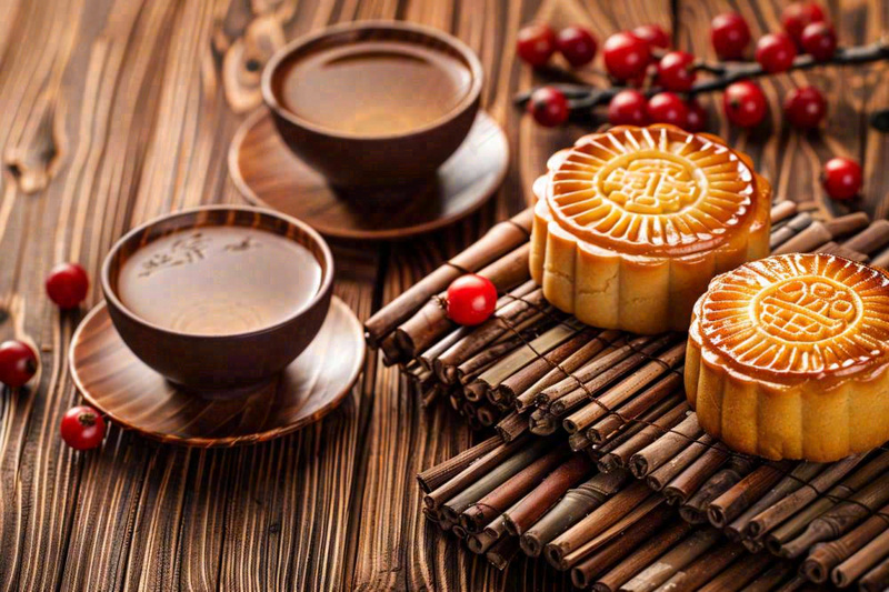 中国传统糕点月饼竹制托盘上的茶杯中秋节摄影图(1344x896)