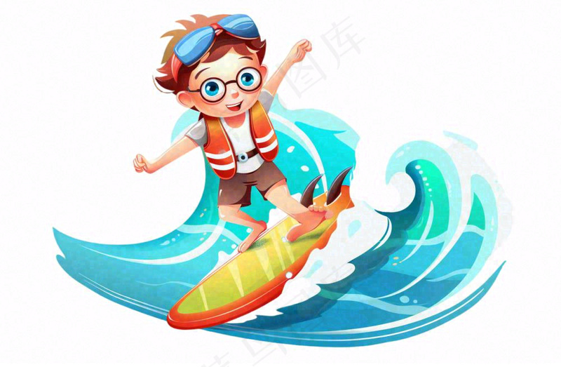 冲浪的少年男孩浪花运动卡通人物插画免抠(1344x880)