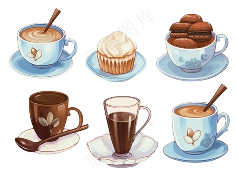 咖啡拿铁甜点下午茶水彩画手绘插画免抠