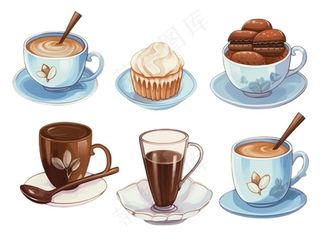 咖啡拿铁甜点下午茶水彩画手绘插画免抠