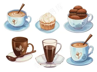 咖啡拿铁甜点下午茶水彩画手绘插画免抠