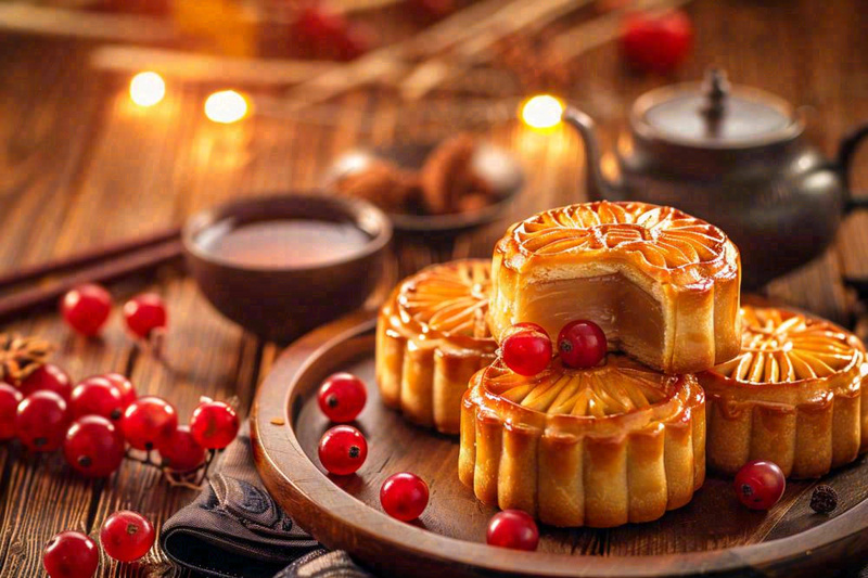 中国传统糕点月饼竹制托盘上的茶杯中秋节摄影图