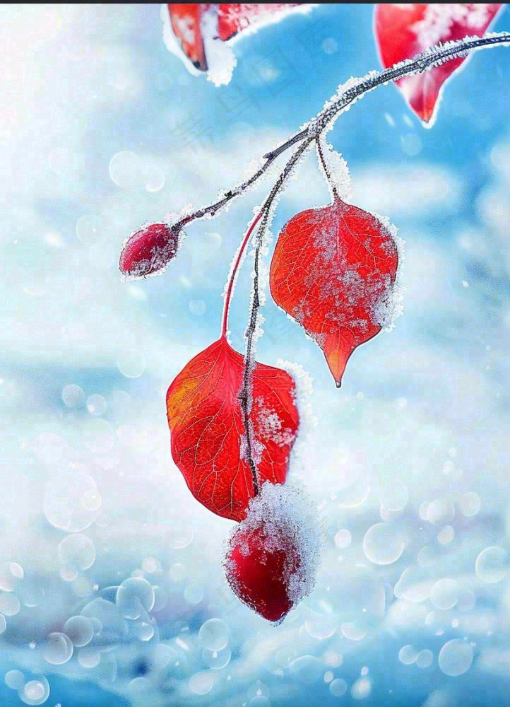 红叶上的白霜白雪秋冬霜降寒露立冬摄影图
