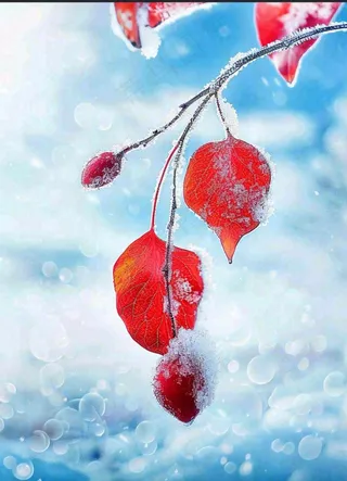 红叶上的白霜白雪秋冬霜降寒露立冬摄影图