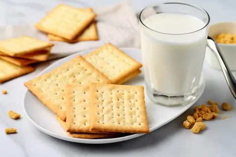 营养早餐苏打饼牛奶坚果摄影图 营养早餐苏打饼牛奶坚果摄影图