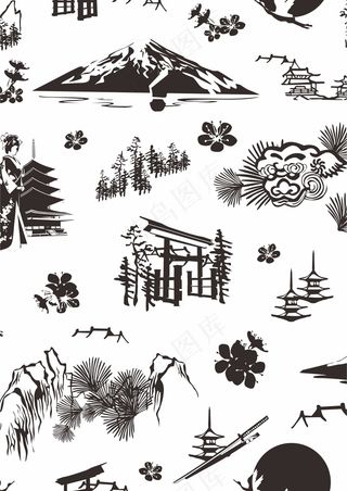 黑白日本元素 富士山古建筑